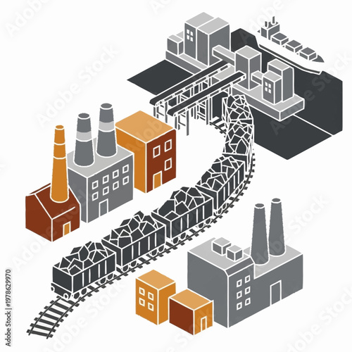 Isometric illustration of industrial complex with train transporting coal to a port.