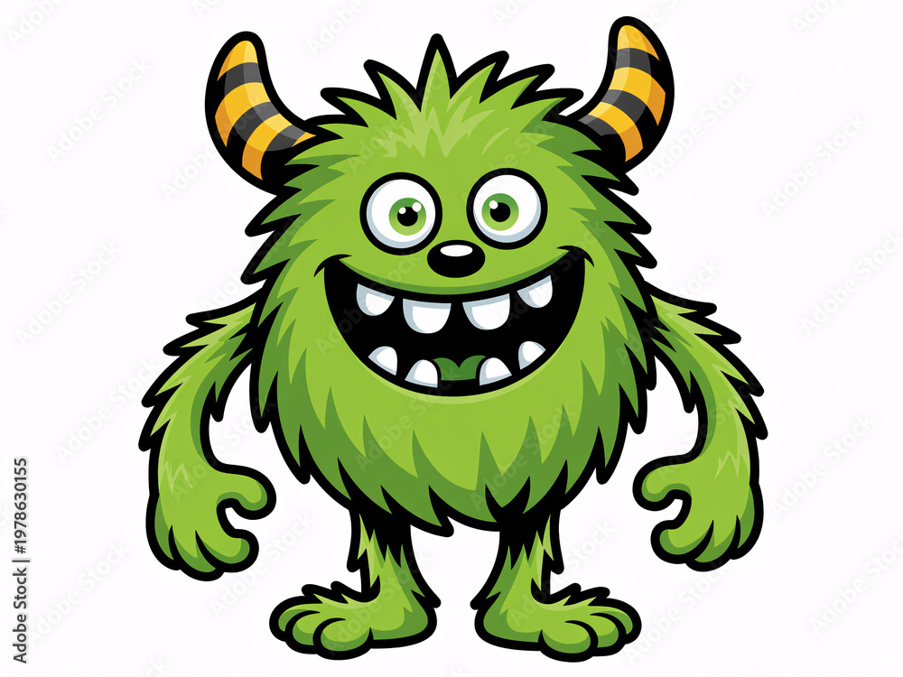 Fototapeta premium A cartoon green monster with horns and a big smile on its face