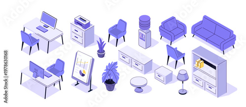 Isometric office furniture set. Desk, computer, chair, sofa, water cooler and other vector interior elements.