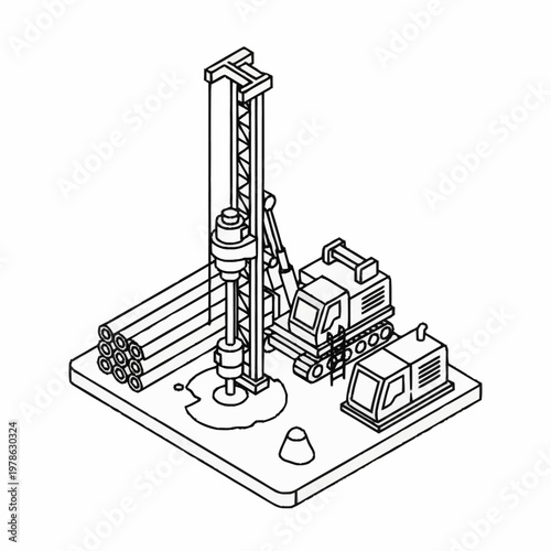 Isometric Line Art Illustration of a Geotechnical Drilling Rig and Equipment.