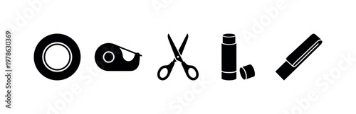 Adhesive tape roll circular core, tape dispenser handheld device, scissors cutting tool open blades, glue stick cylinder cap off,