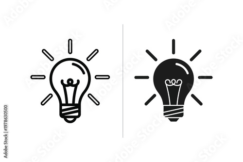Black and White Lightbulb Icons Representing Idea Generation and Innovation, Flat Design Vector