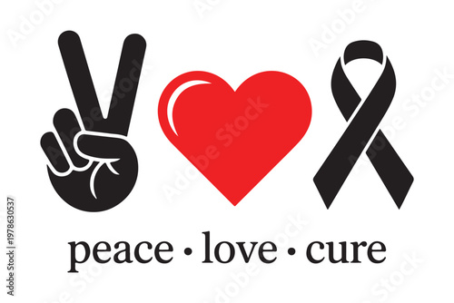 Peace love cure symbol with hand gesture heart and ribbon for awareness and medical support on transparent.