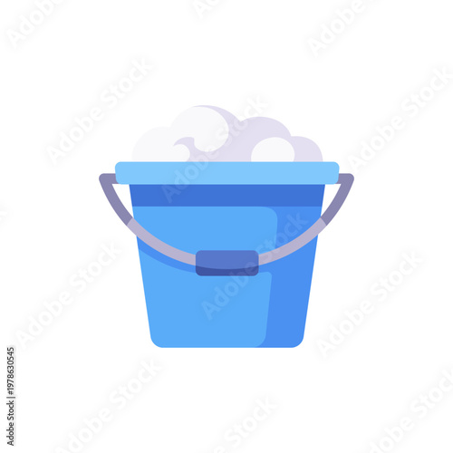 plastic blue bucket, cleaning container, with foam, colorful vector flat style illustration