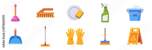 Set of cleaning hygiene household icons, mop, bucket, spray bottle, gloves, plunger, wet floor sign, colorful collection with vector flat illustrations