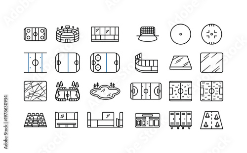 Hockey stick environments with ice rinks arenas outdoor fields and playing surfaces clean monoline outline icon set showing