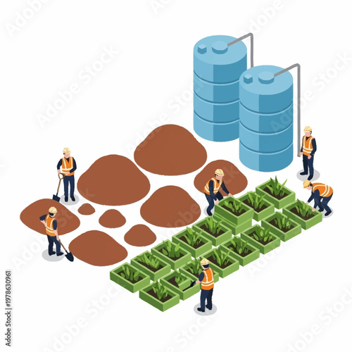 Isometric view of a farming operation with workers, soil piles, plants, and water tanks.