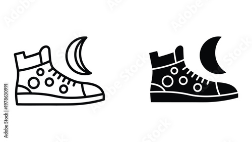Contrasting sneakers with crescent moon symbols in black and white illustration