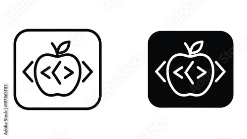 Contrast of apple logos with code brackets on different backgrounds