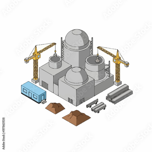 Nuclear Power Plant Construction Site Isometric Illustration.