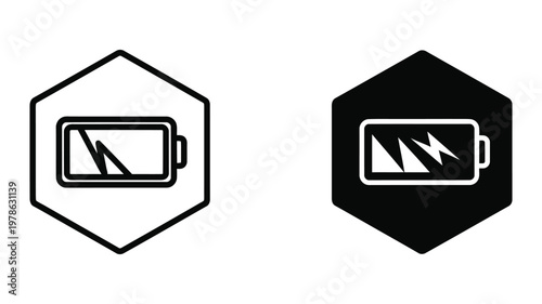 Battery icons depicting low and fully charged states within hexagonal frames