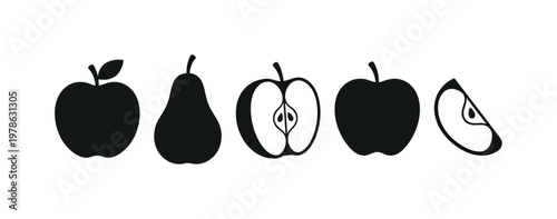 Apple fruit round with stem leaf, pear fruit tapered bottom smooth form, green apple sliced half with core, red apple whole simple