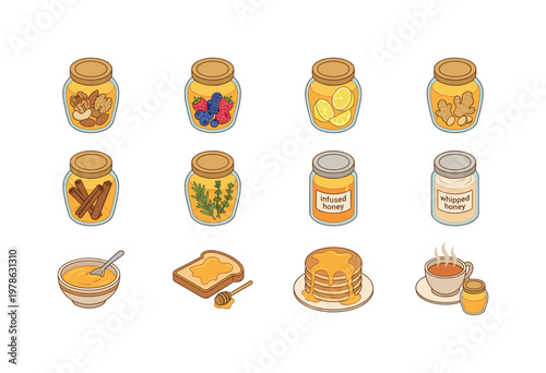 Variety of honey jars with ingredients and recipes for sweet delights