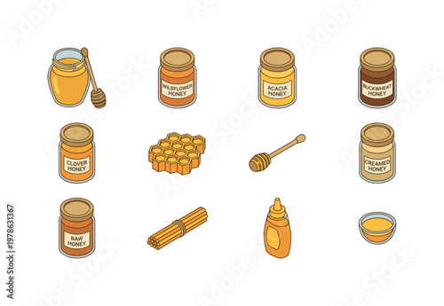 Varieties of honey illustrated with jars, honeycombs, and honey spoons