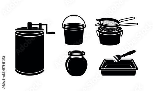 Honey harvesting tools including honey extractor drum, honey bucket container, strainer filter tool, honey jar with lid, wax