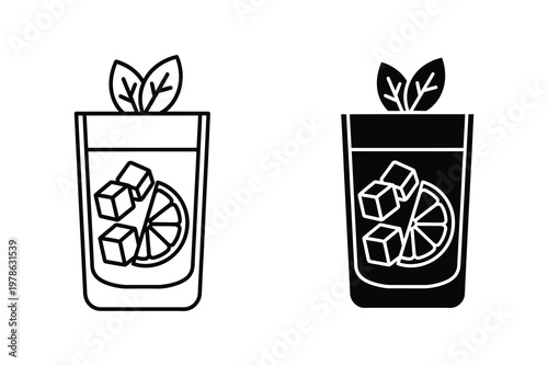 Minimalist vector illustration of a refreshing drink with ice cubes, lime slice, and mint leaves in two styles, black and white outlines