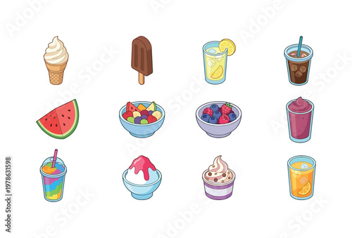 Ice cream cone, popsicle stick ice cream, cold lemonade glass, iced coffee cup, watermelon slice, fruit bowl chilled, frozen