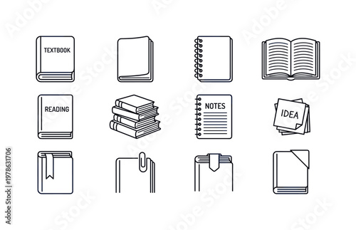 A classroom reading arrangement with a hardcover textbook, softcover textbook, spiral-bound book, open book, closed book, stack of