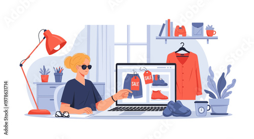 Person shops for clothes online during the day while sitting at a desk in a bright room filled with various items