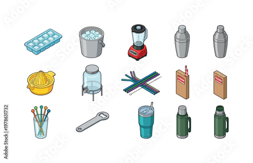 Ice cube tray, ice bucket container, blender appliance, cocktail shaker, citrus juicer, drink dispenser jar, reusable straw set,