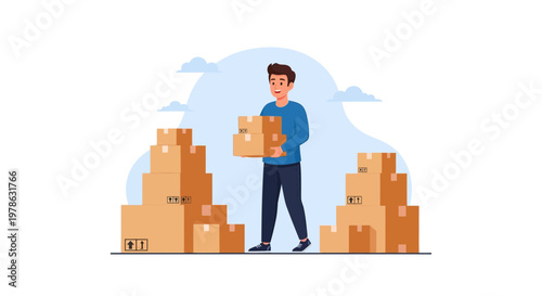 Man carries box while surrounded by stacks of packages in a simple workspace setting in daylight