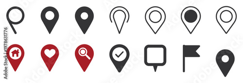 Location and map pin icon set, flat style vector collection featuring GPS markers, map pointers, navigation symbols, and geolocation signs, clean isolated design for apps and UI.