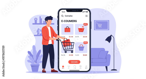 Shopping online with a mobile app for groceries and household items while using a shopping cart