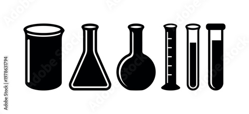 Beaker glass wide mouth cylinder, Erlenmeyer flask conical shape, round bottom flask spherical base, graduated cylinder tall