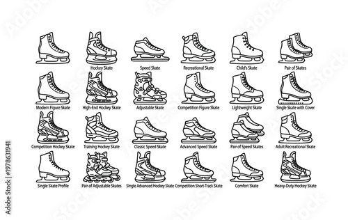 Ice skates with figure skates, hockey skates, speed skates, recreational skates and sharp steel blades clean monoline outline icon