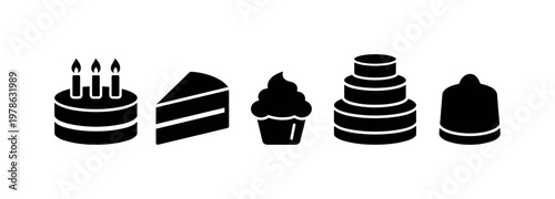 Round birthday cake with candles on top, slice of birthday cake triangular piece, cupcake with frosting swirl peak, tiered