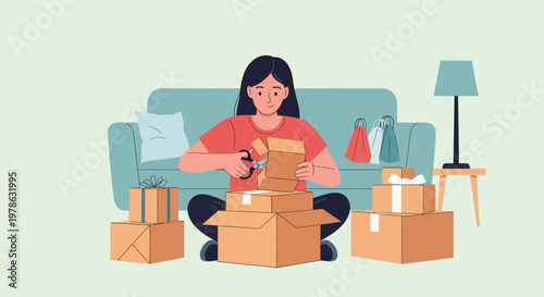 Woman unwraps boxes in living room while preparing gifts for a celebration in bright and cozy space