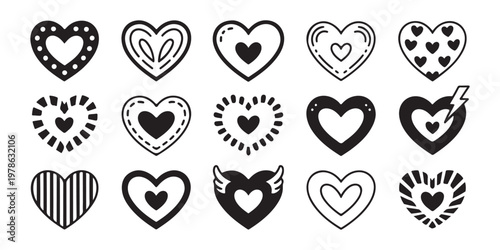 Assortment of charming black heart designs with playful patterns and decorative elements for crafting.