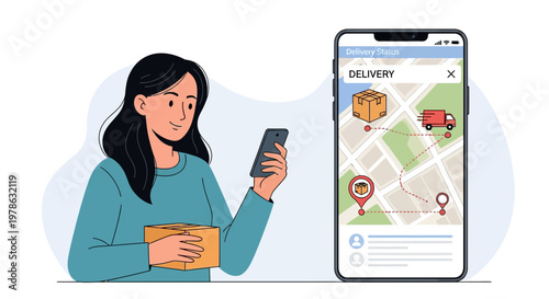 Woman checks delivery status on phone while holding a package at home during the day