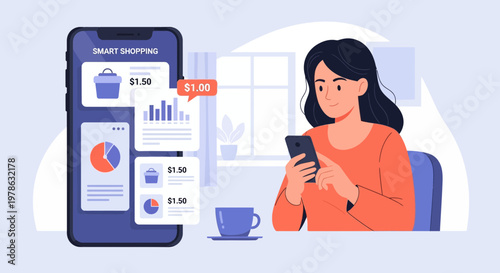 Woman using smartphone for smart shopping while sitting at a table in a room
