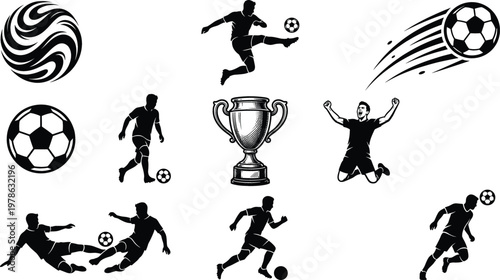 Soccer Player Silhouette Collection with Football Action Poses, Dribbling, Kicking, Running and Championship Trophy Icons Isolated on White Background Vector Set