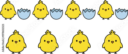 Cute Baby Chick Character Set with Cracked Blue Egg Shells for Easter Greeting Cards, Children's Education, Spring Holiday Projects, and Festive Vector Illustrations
