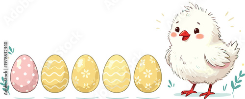 Cute Baby Chick Standing Next to Decorative Easter Eggs with Floral Patterns for Seasonal Greeting Cards, Children's Education, and Holiday Marketing Designs