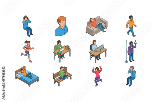 Person wearing headphones listening music, person with earbuds enjoying audio, relaxed listener on sofa, walking with headphones,