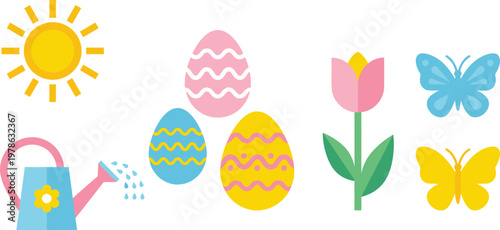 Colorful Spring and Easter Icon Set Featuring Sun, Watering Can, Patterned Eggs, Tulip Flower, and Butterflies for Seasonal Garden and Holiday Designs