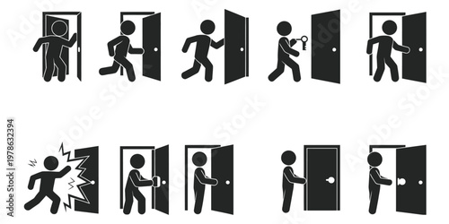 Access entry exit open close break door stick figure icon set showing human actions, ideal for safety instructions, emergency guidance, and simple vector illustration signage use.