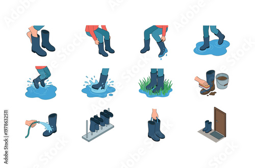 Stepping into rubber boots, pulling boots on, removing boots after rain, walking through puddle, jumping in puddle, splashing