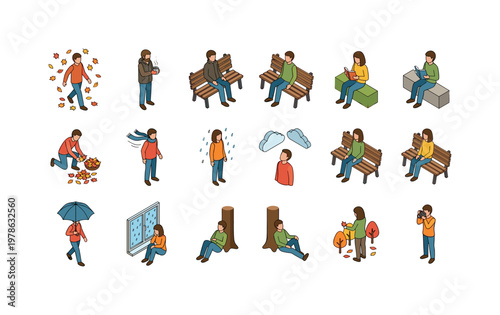 Walking in falling leaves, holding warm drink outside, sitting on park bench, reading book outdoors, collecting autumn leaves,