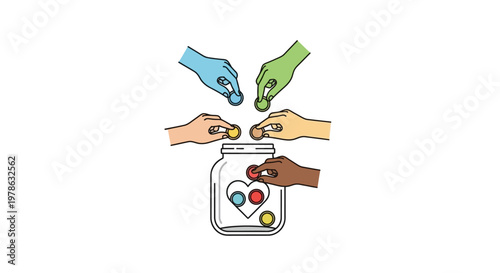 Diverse hands putting coins in jar.