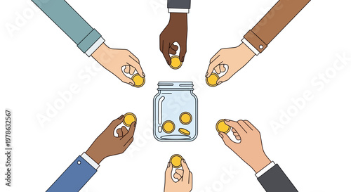 Diverse hands putting coins into jar.
