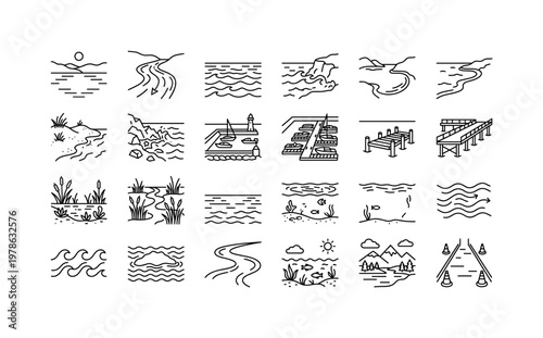 Inflatable boat environments with lakes rivers seas coastlines beaches and outdoor boating locations clean monoline outline icon