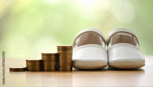 Cost, living, birth, rate cost of living and birth rate are symbolized by stacked coin and baby shoe, reflecting economic and family planning