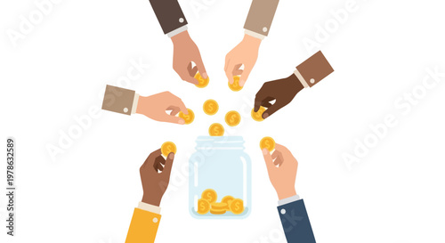 Diverse hands putting coins into jar.