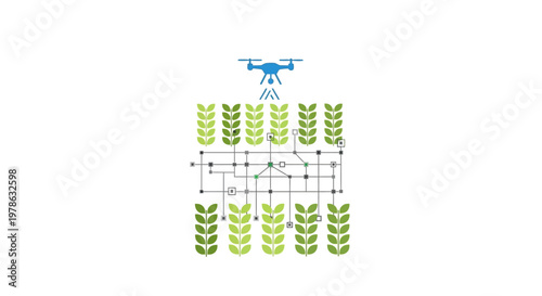 Drone flying over green crop field.