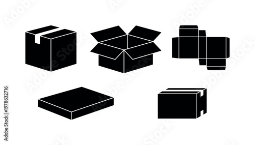Cardboard shipping box closed cube form, open cardboard box with flaps spread, flat packed box unfolded layout, rectangular
