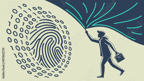 Businessman uncovering digital fingerprint with binary code and data exposure